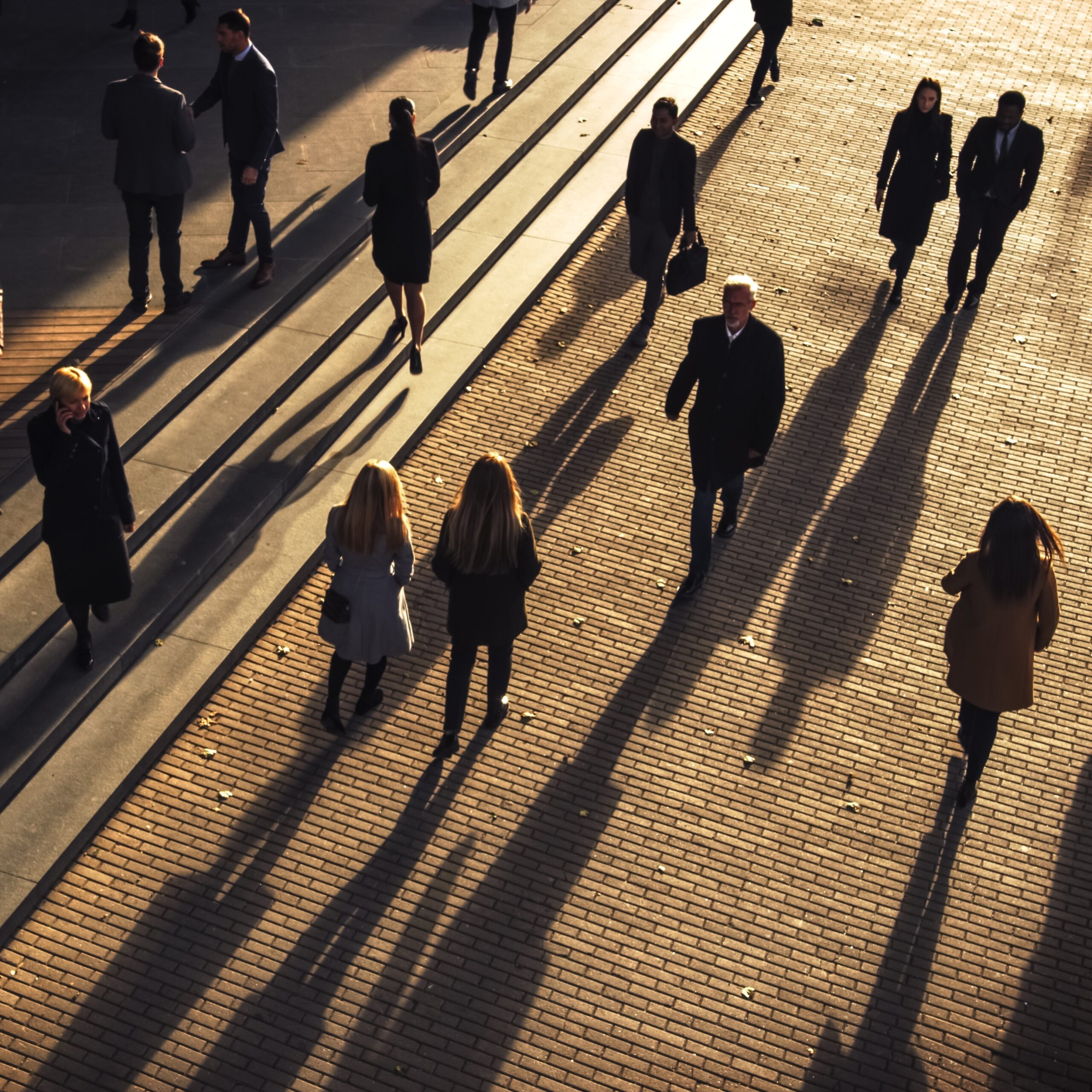 aerial photo of people walking and seeing their shadows